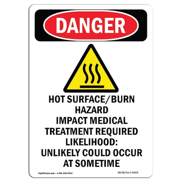 Safety Sign, OSHA Danger, 24" Height, Aluminum, Hot SurfaceBurn Hazard, Portrait